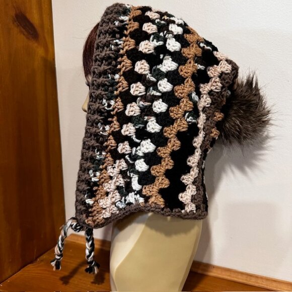 Hand Knit / Crochet Granny Style Hoodie with ties & faux fur pom pom for winte - Picture 6 of 10